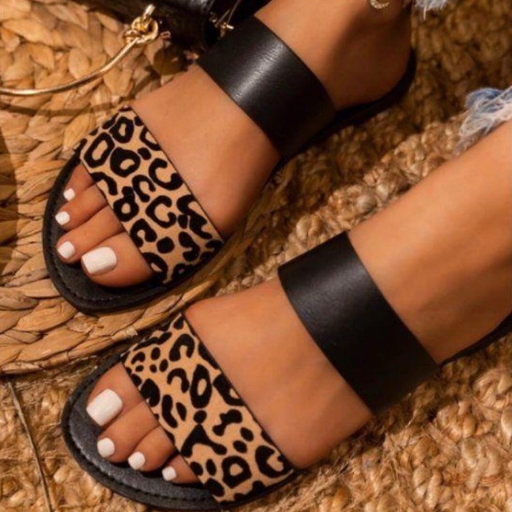 Double Strap Black and Leopard Sandals - Picture 2 of 4
